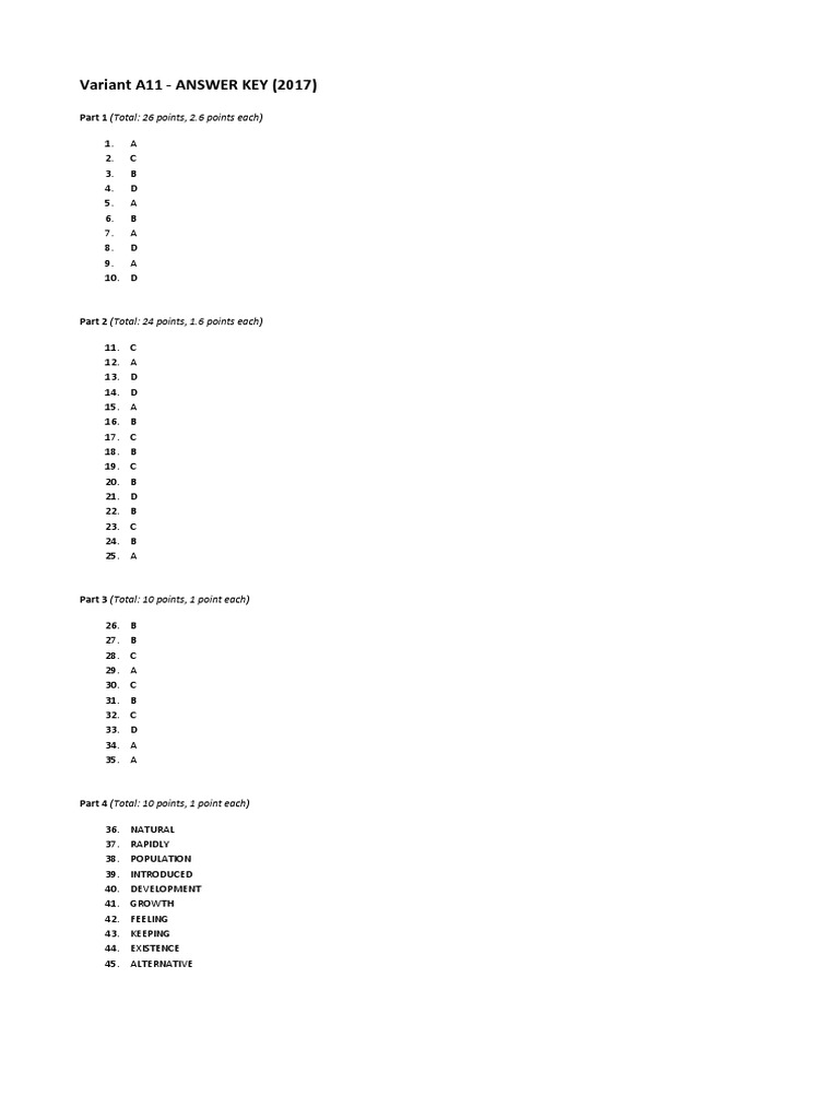 2017 Variant A11 Answer Key Exam PDF