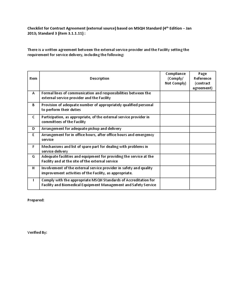 Checklist For Contract Agreement (External Source) Based On MSQH ...