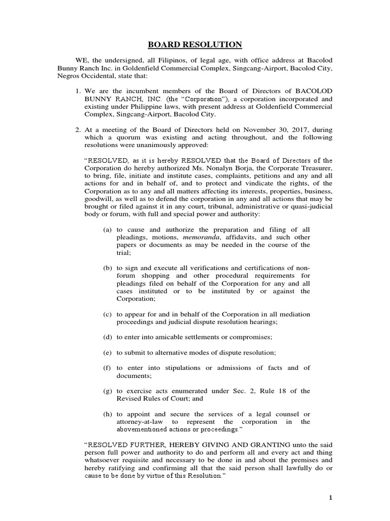 Board Resolution Board Of Directors Pleading
