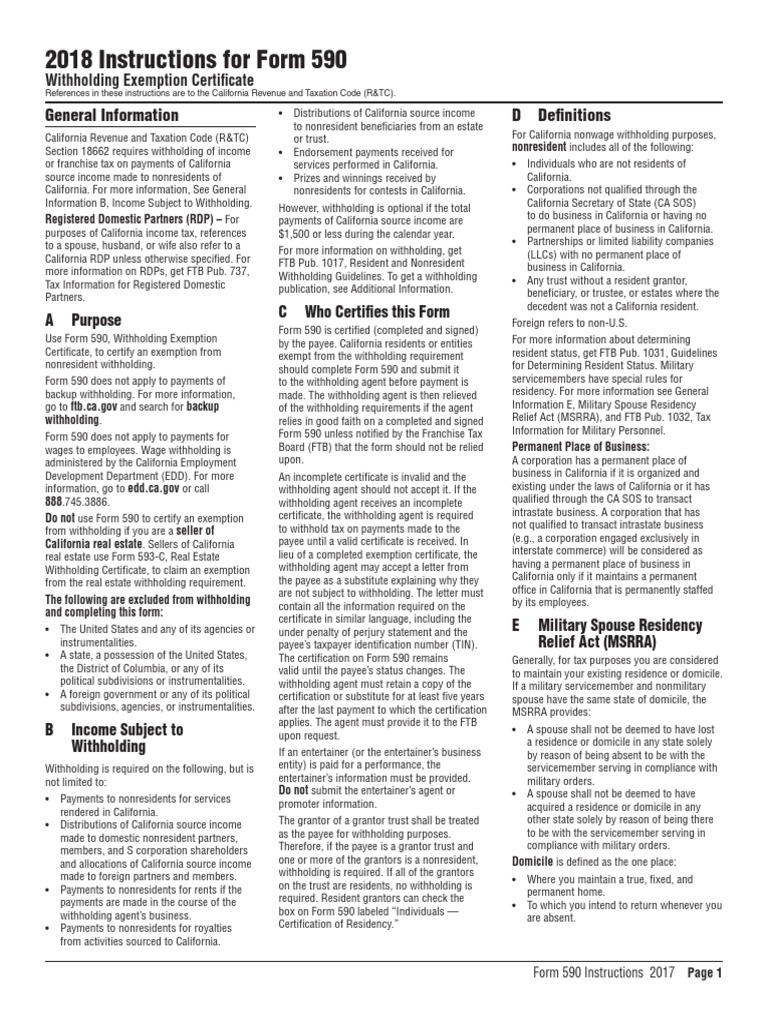 2018 Instructions For Form 590 General Information D Definitions PDF