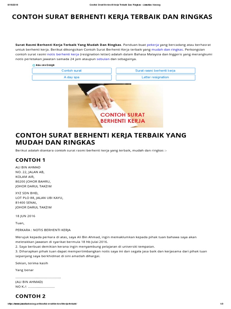 Contoh Surat Berhenti Kerja Terbaik Dan Ringkas Pdf