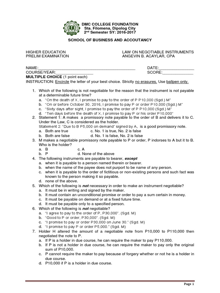 Law on Negotiable Instruments Exam | PDF | Negotiable Instrument ...
