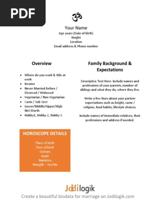 Hindu Marriage Biodata Format in Word