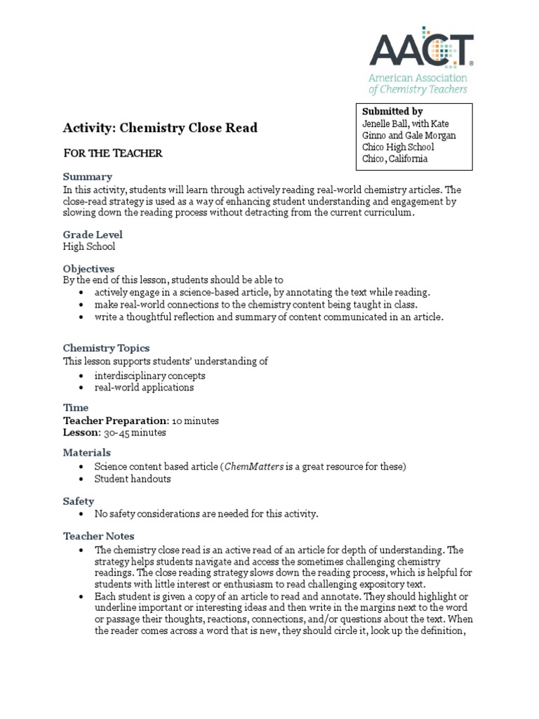 Chemistry Close Reading Activity Guide | PDF | Reading (Process) | News