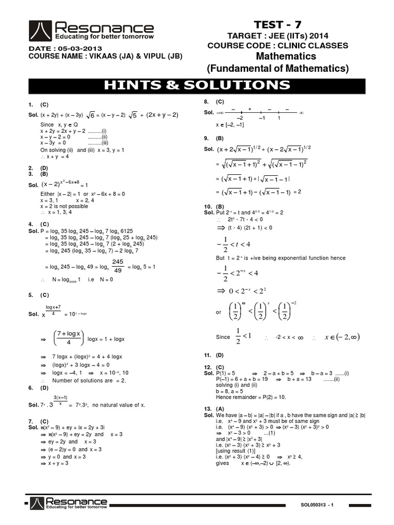 Clinic Class Test 7 M E Sol | PDF | Teaching Mathematics | Mathematical ...