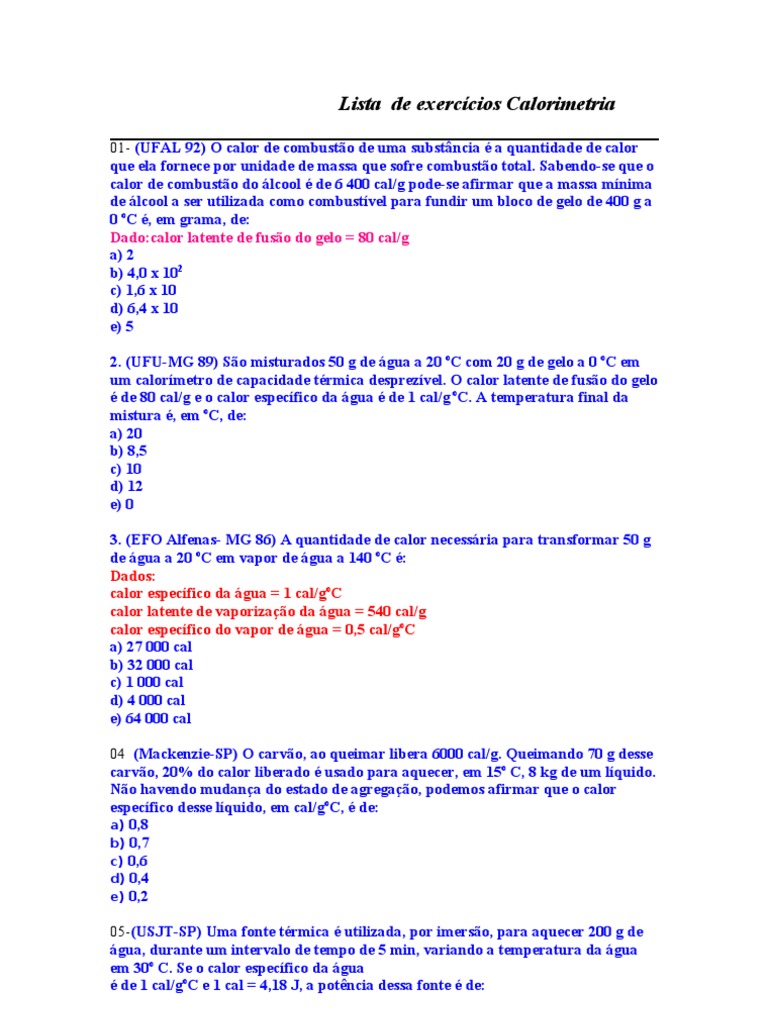 Lista - de Exercicios - Calorimetria | PDF | Capacidade térmica | Calor ...