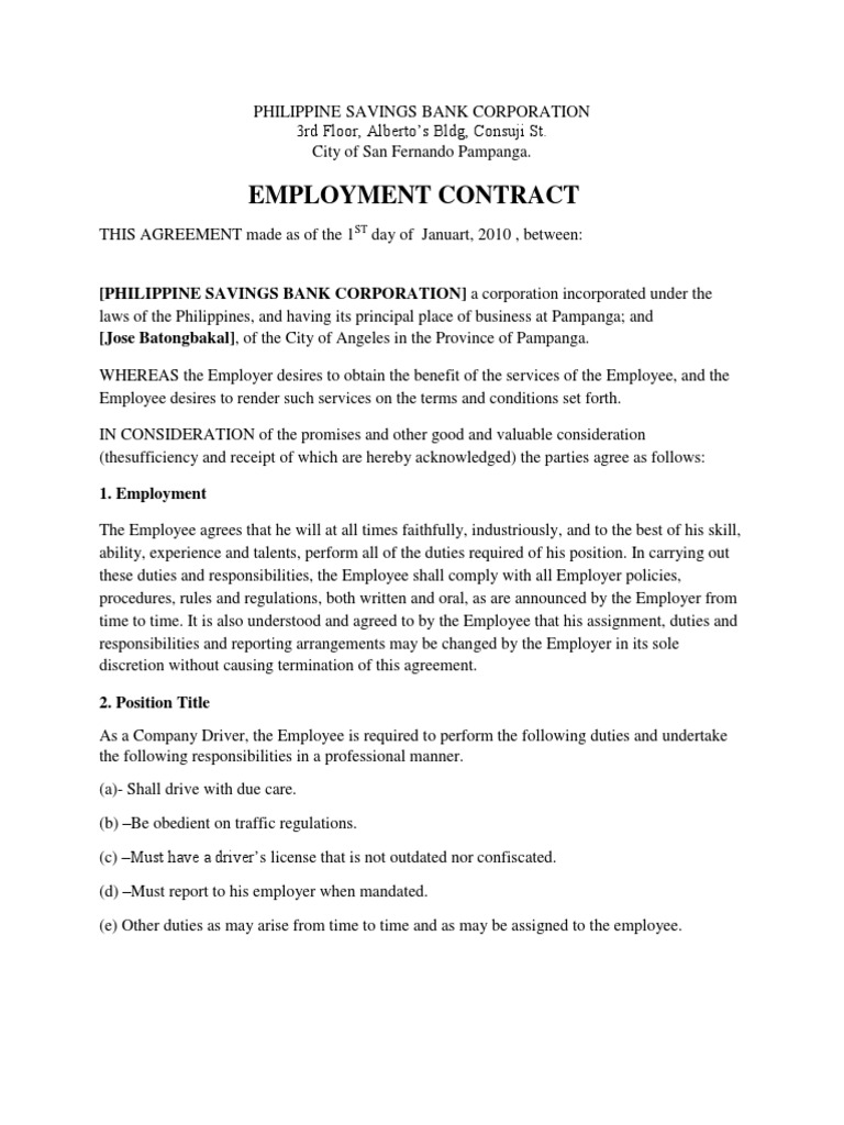 Employment Contract for Company Driver | PDF | Employment | Performance ...