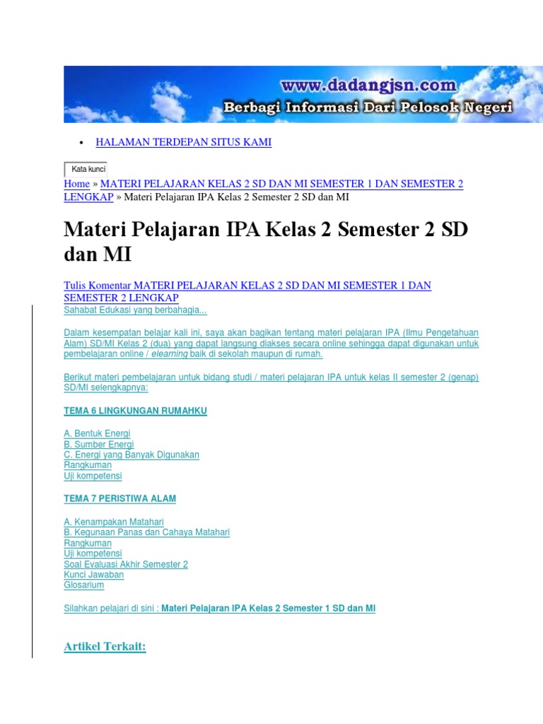 Materi Pelajaran Ipa Kelas 2 Sd Semester 1 Cara Mengajarku