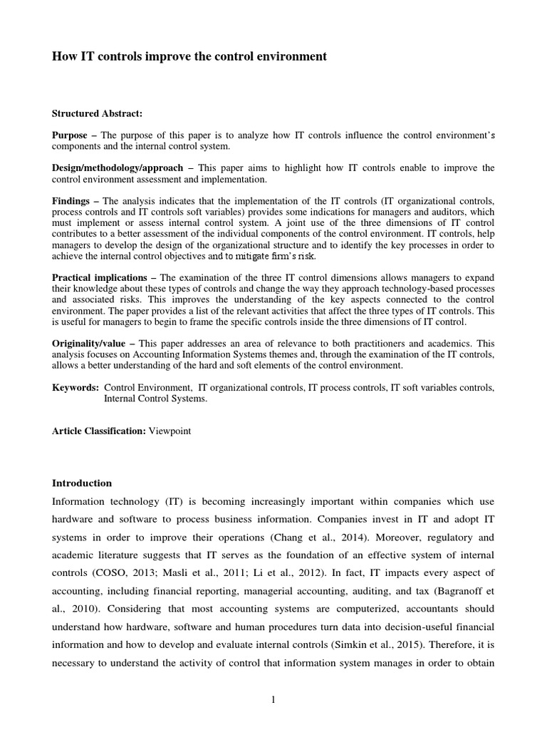 How IT Controls Improve The Control Environment PDF Internal