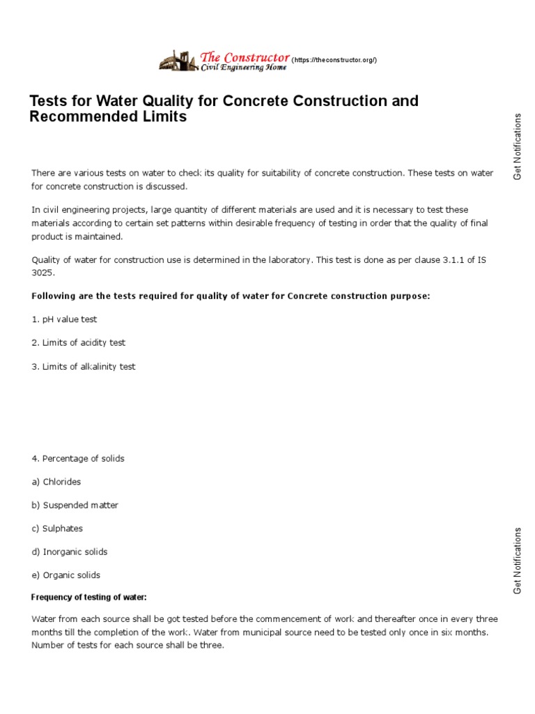 Water Quality Tests For Concrete Construction and Limits PDF Water Quality Water