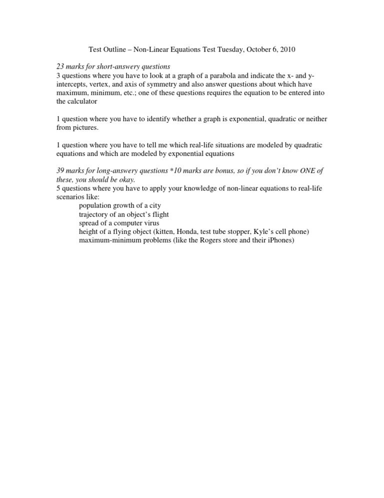 Non-Linear Equations Test Outline | PDF | Teaching Methods & Materials