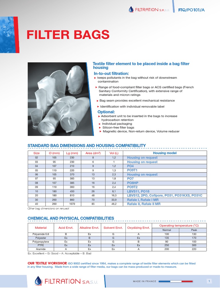 Filter Bags Datasheet PDF PDF Filtration Chemistry