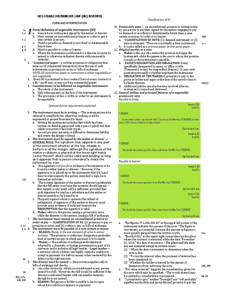 NIL Reviewer de Leon | PDF | Negotiable Instrument | Promissory Note
