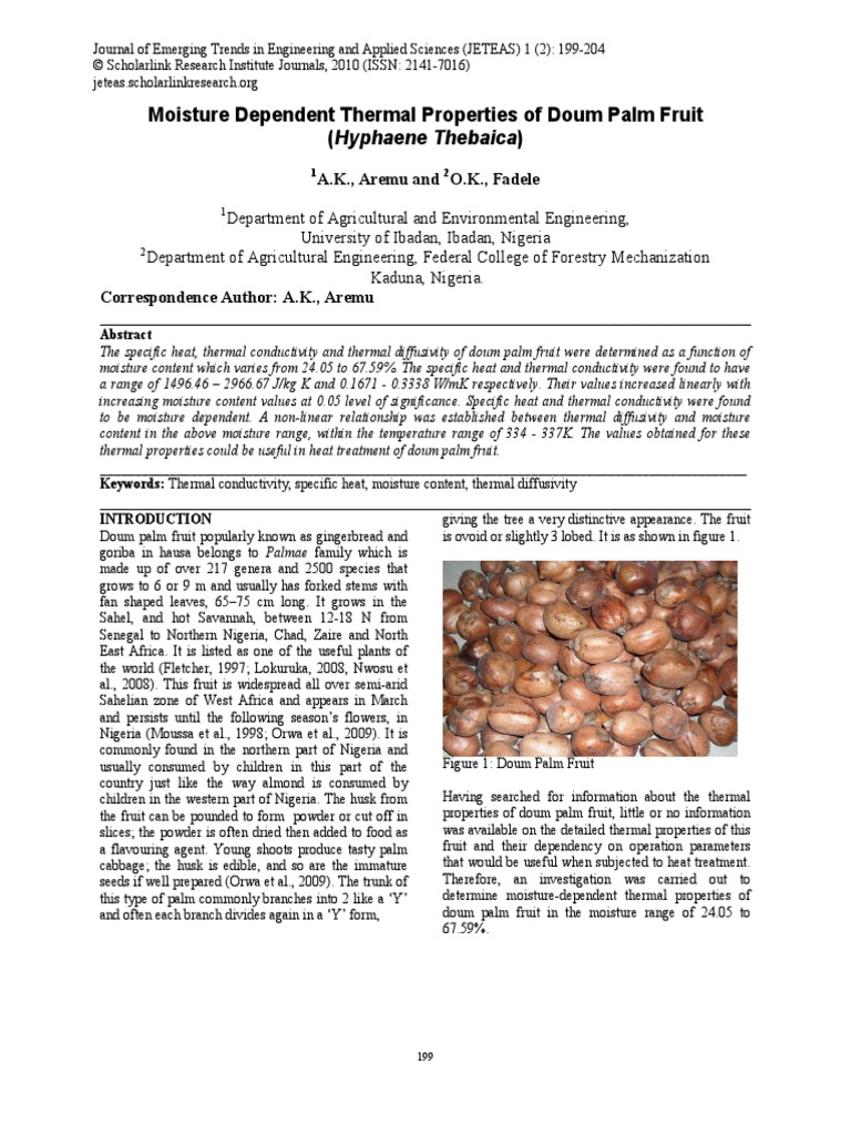 Moisture Dependent Thermal Properties Of Doum Palm Heat Thermal Conductivity