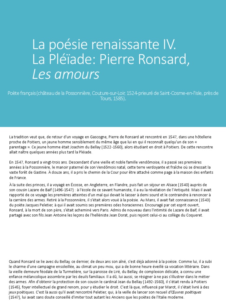 Les Amours de Ronsard : Poésie et Émotions | PDF | Sonnets | Poésie
