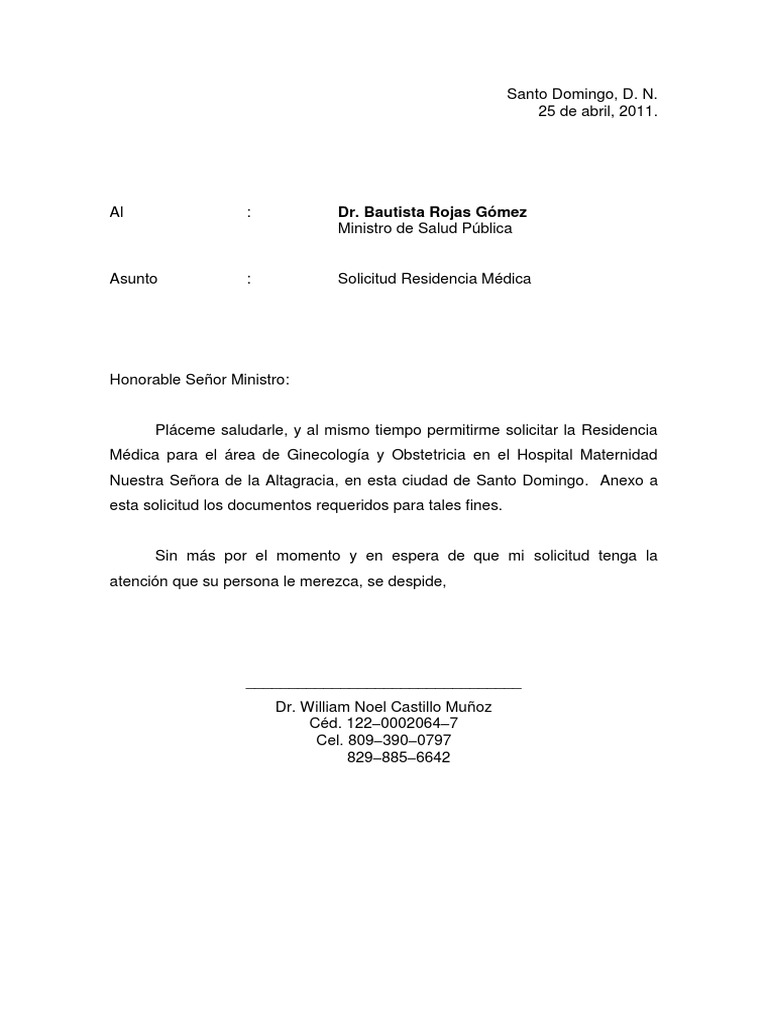 Carta Solicitud Residencia Medica Cuidado de la salud