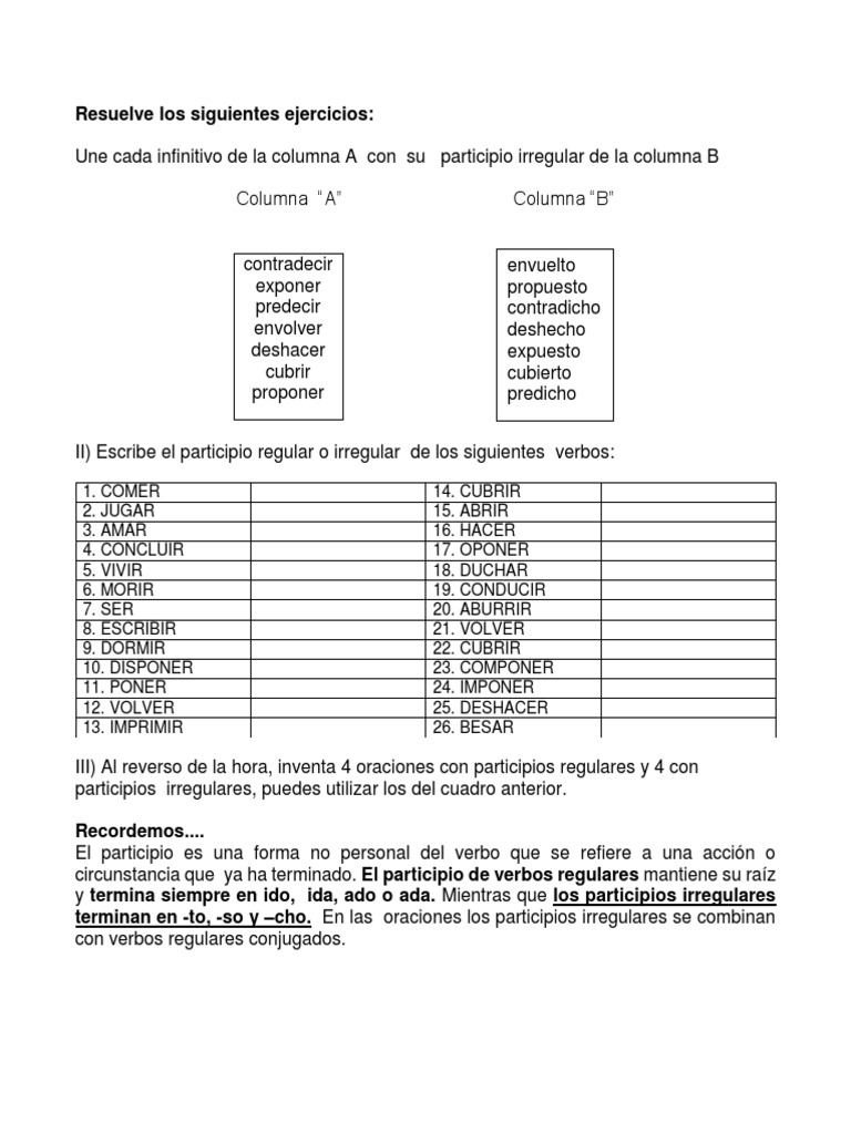 Hoja De Trabajo De Participios Con Respuestas Ejercicios Con El