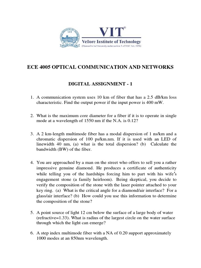 Optical Questions | PDF | Optical Fiber | Dispersion (Optics)