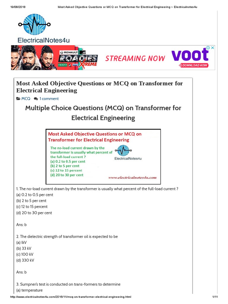 Objective Questions Or Mcq On Transformer For Electrical Engineering