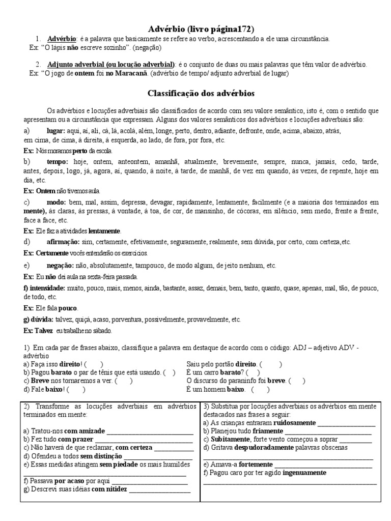 Classificação e exemplos de advérbios e locuções adverbiais | PDF ...