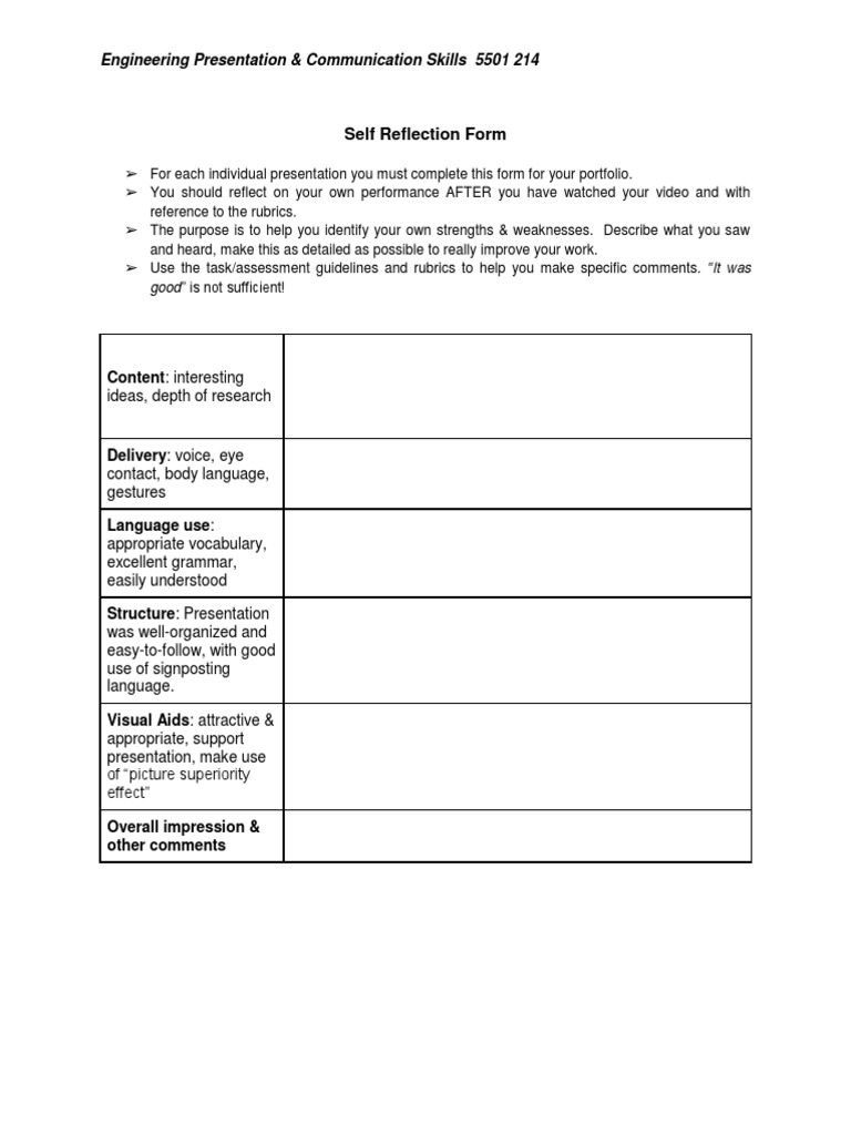 presentation self reflection template