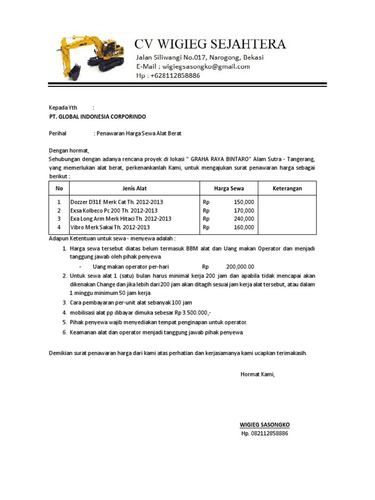 Penawaran Harga Alat Berat