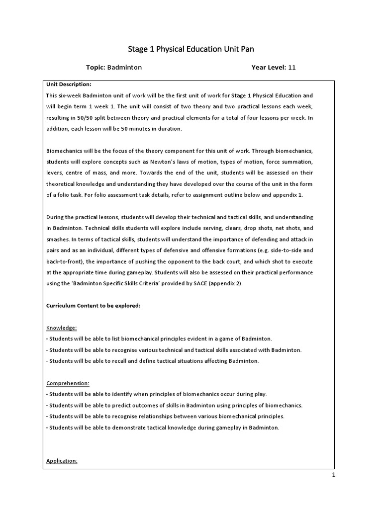 Badminton Unit Plan PDF Biomechanics Psychological Concepts