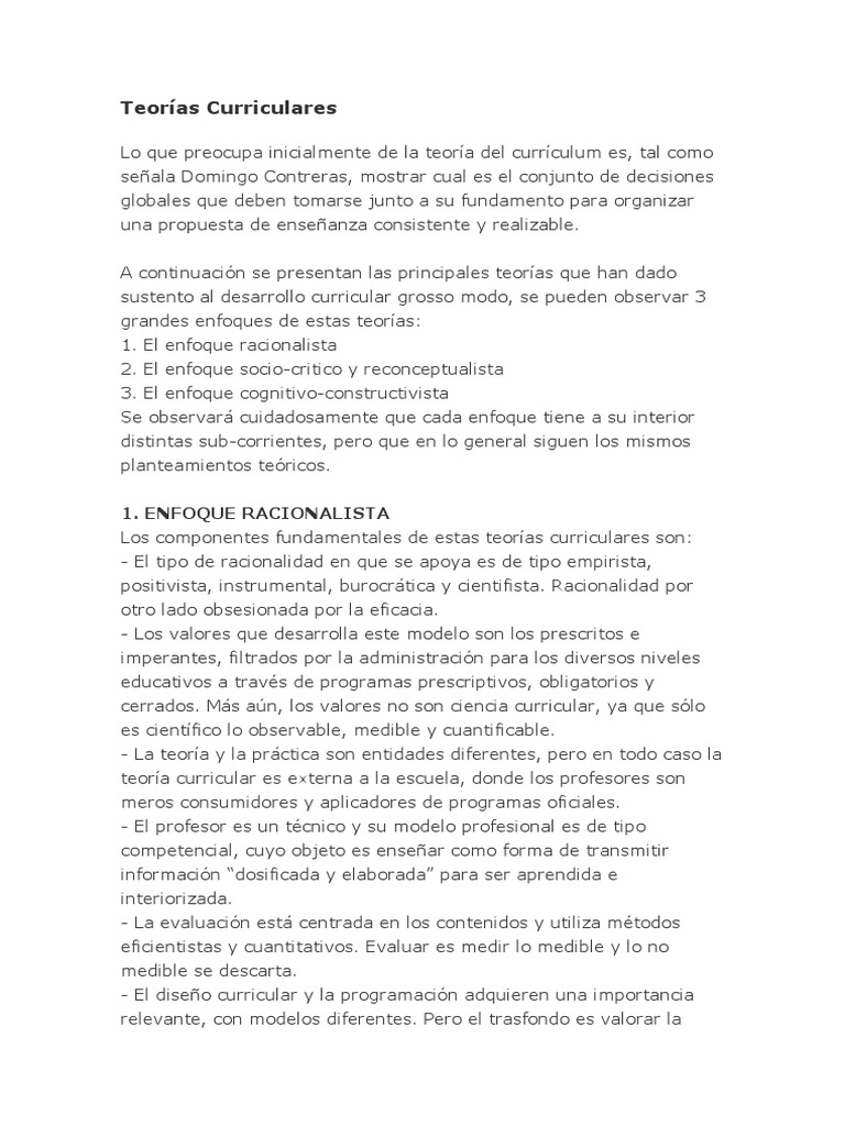 Teorías Curriculares en Educación | PDF | Plan de estudios | Aprendizaje