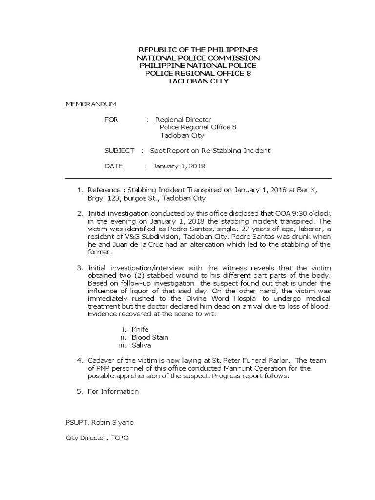 Example Spot Report Stabbing Incident