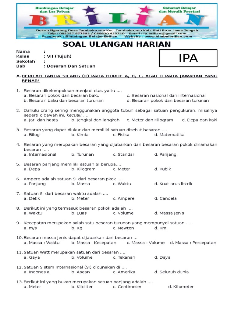 Soal Ipa Smp Kela 7 Bab Besaran Dan Satuan Dan Kunci Jawaban Pdf