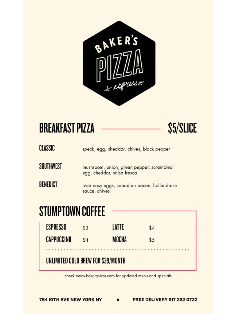 Baker's Pizza & Espresso Menu