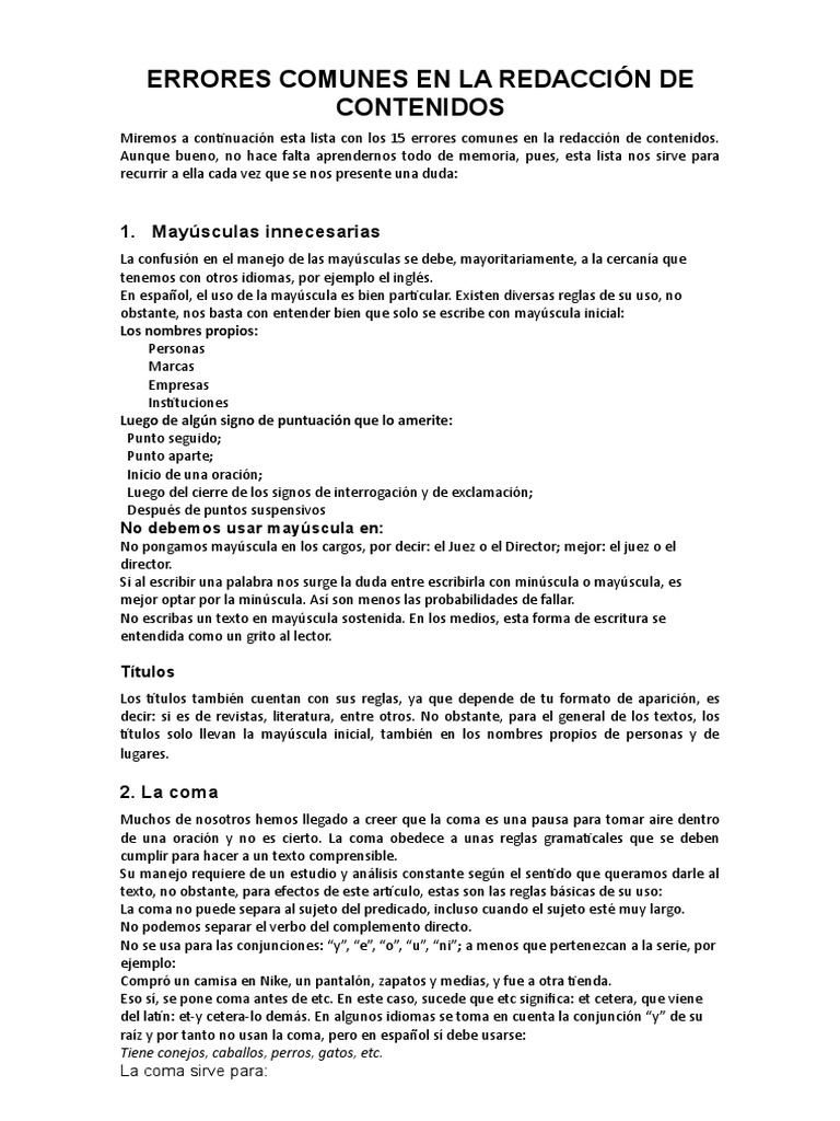 Errores Comunes en Redacción de Contenidos | PDF | Coma | Verbo