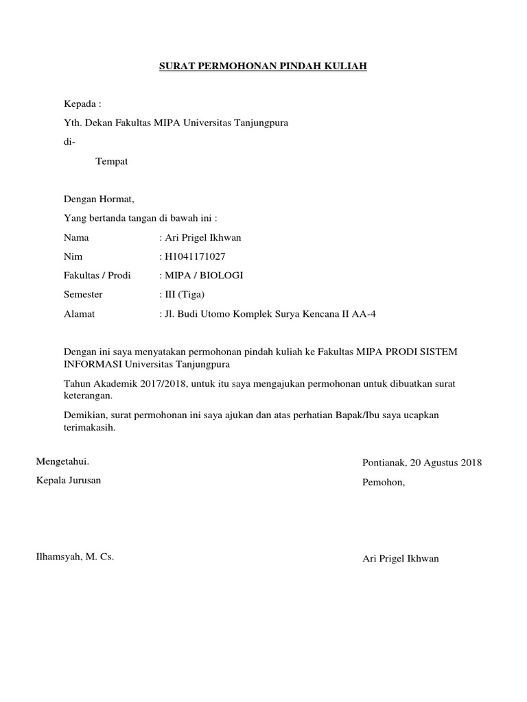 Surat Permohonan Pindah Kuliah