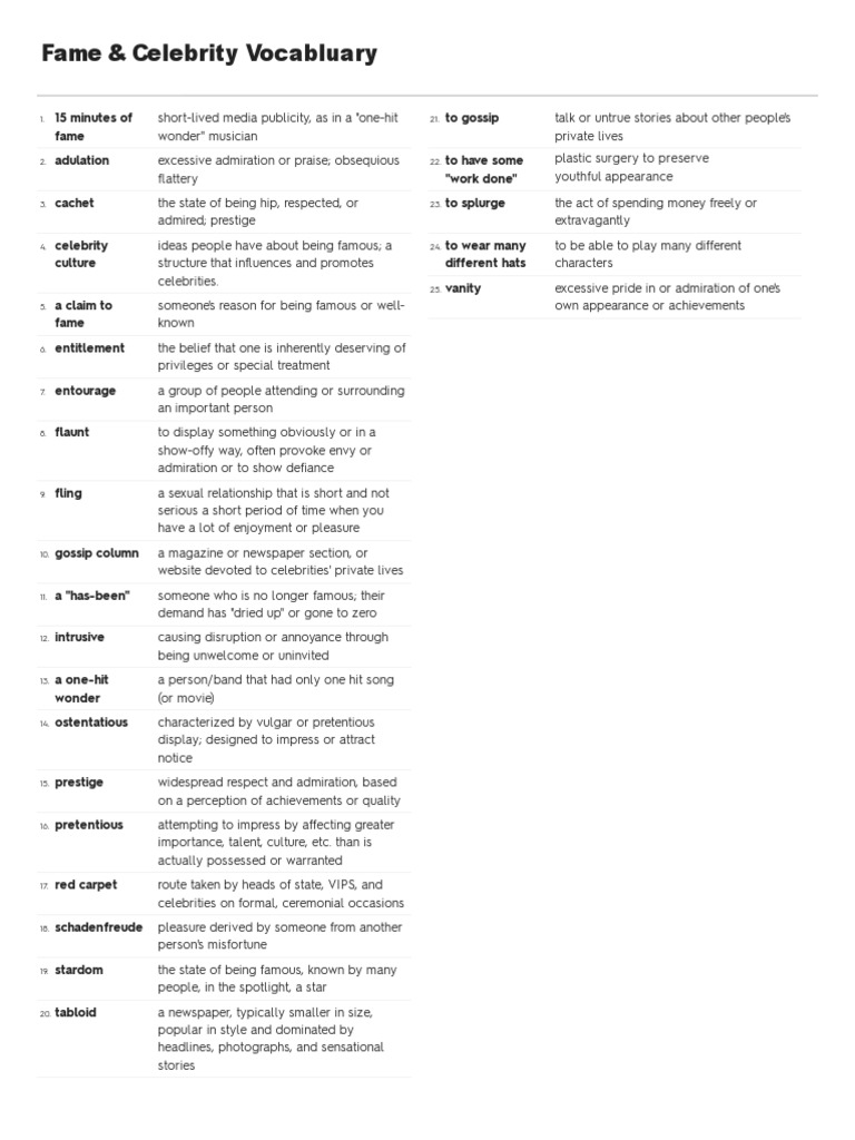 Upper Intermediate Fame Celebrity Vocabulary Download Free Pdf