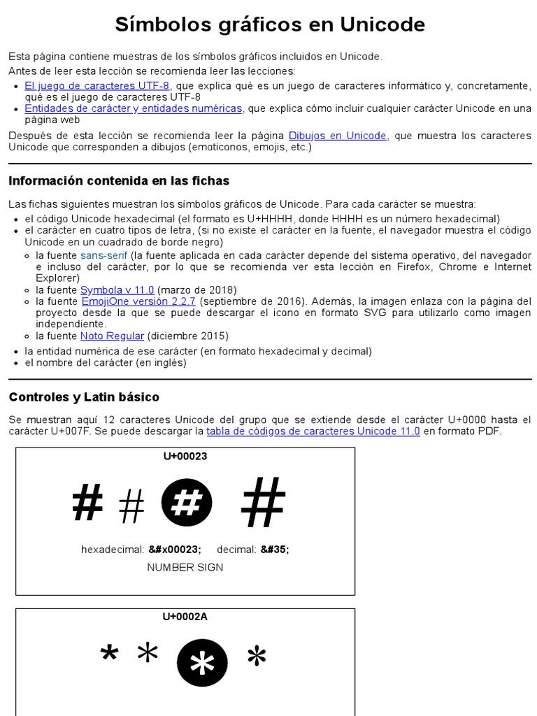UNICODE Símbolos Gráficos en Unicode. HTML. Páginas Web HTML y Hojas de ...