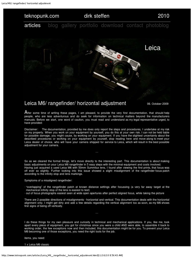 Leica M6 Horizontal Rangefinder Adjustment PDF Camera Lens Camera