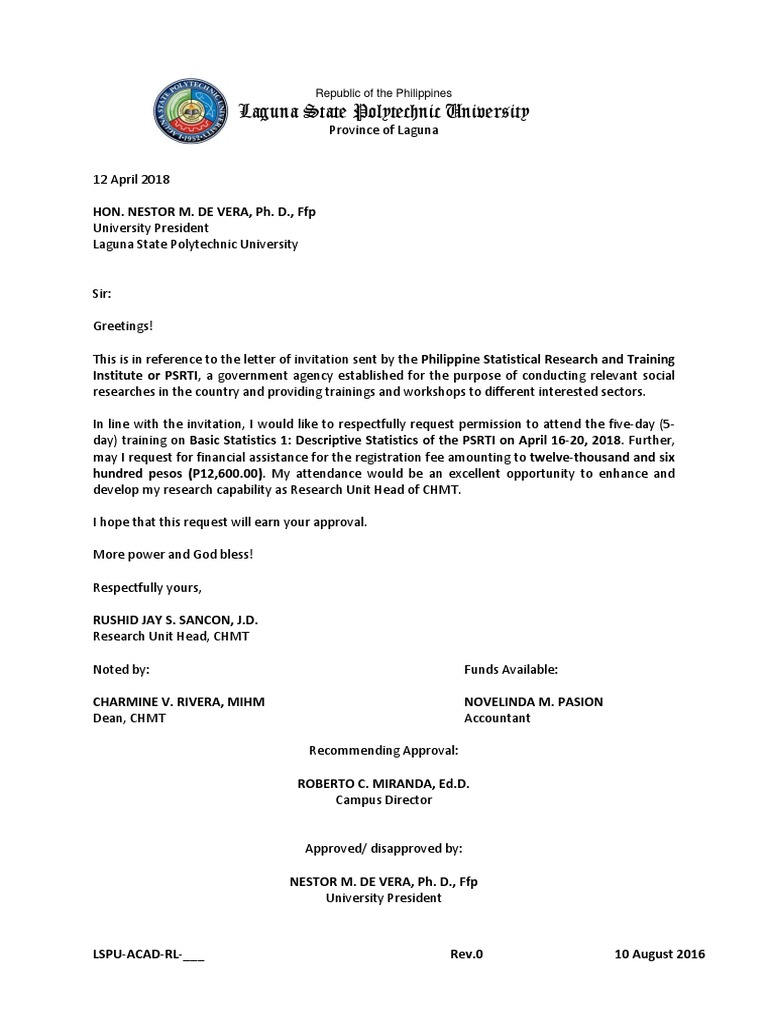 Request for Permission to Attend Training on Basic Statistics and Financial Assistance for