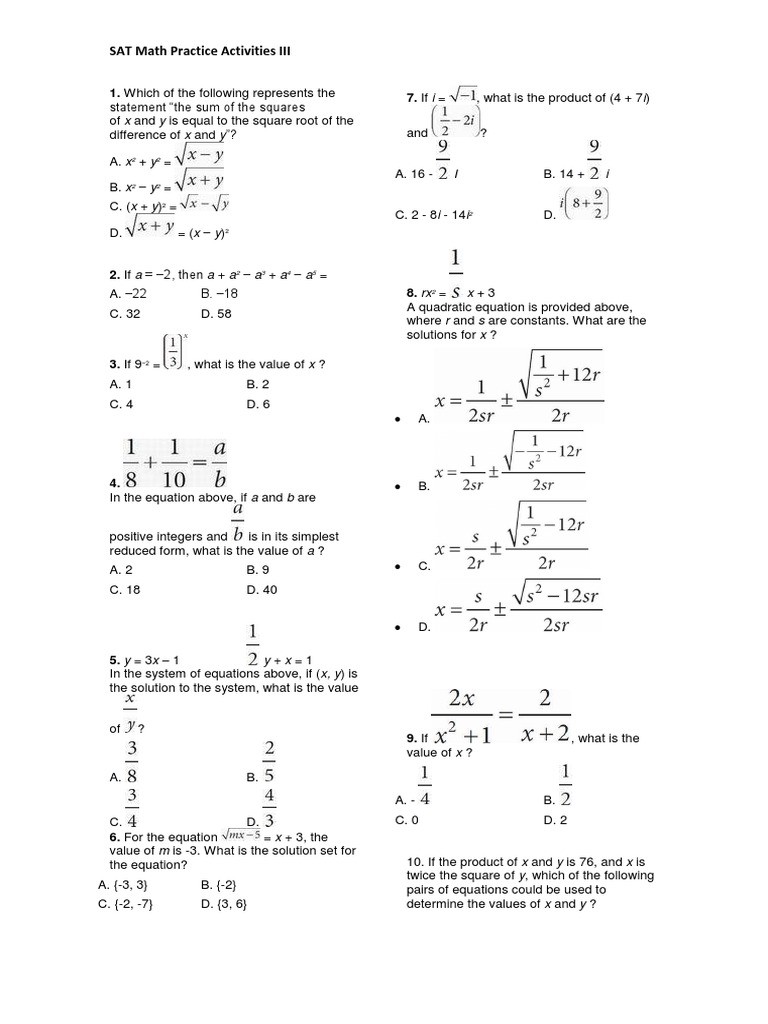 SAT Math Practice Questions III | PDF | Gasoline | Equations