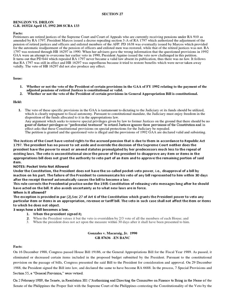 NOTES Pocket Veto Not Allowed PDF Veto Appropriations Bill