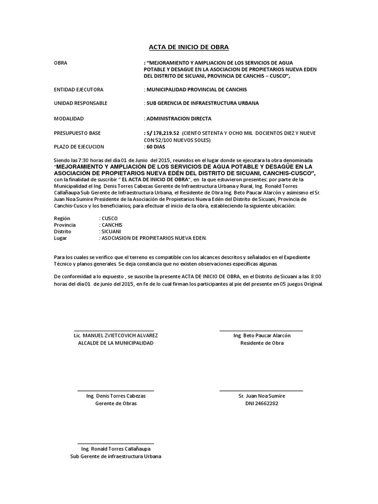 Acta de Inicio de Obra | PDF
