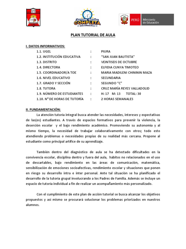 Plan Tutorial de Aula | PDF | Salón de clases | Modificación de ...