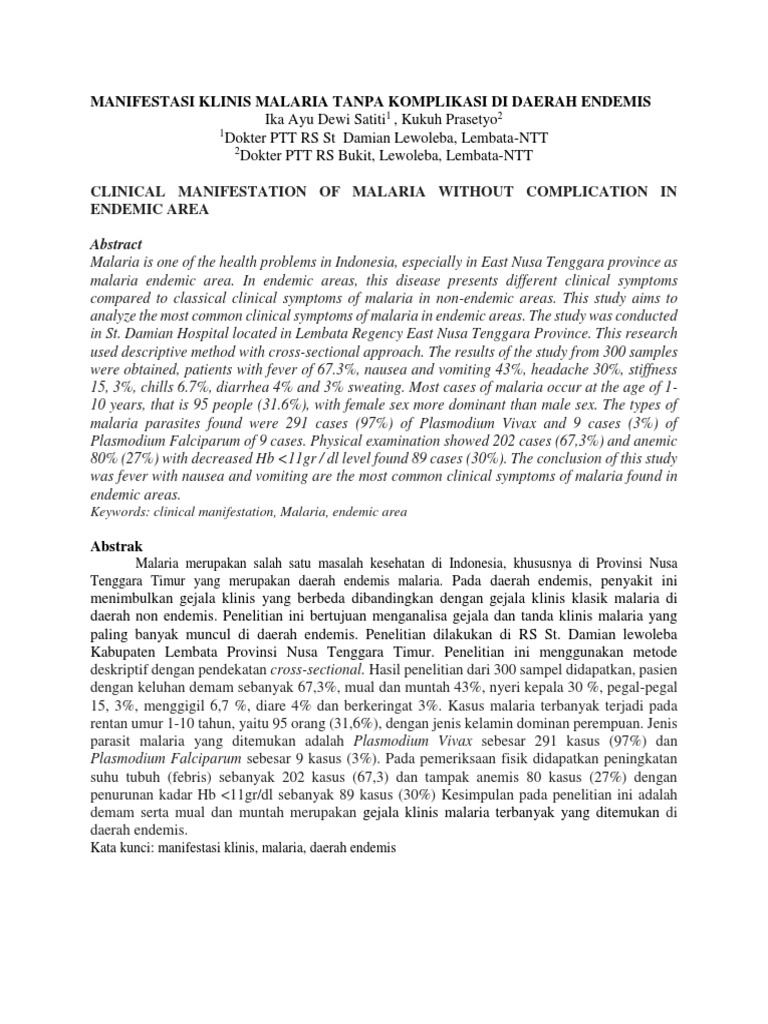Malaria Symptoms in Endemic Areas | PDF