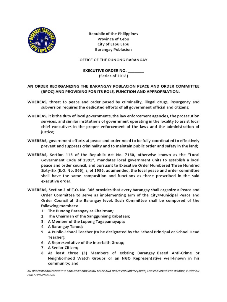 Reorganizing Barangay Peace and Order Committee | PDF | Crime ...