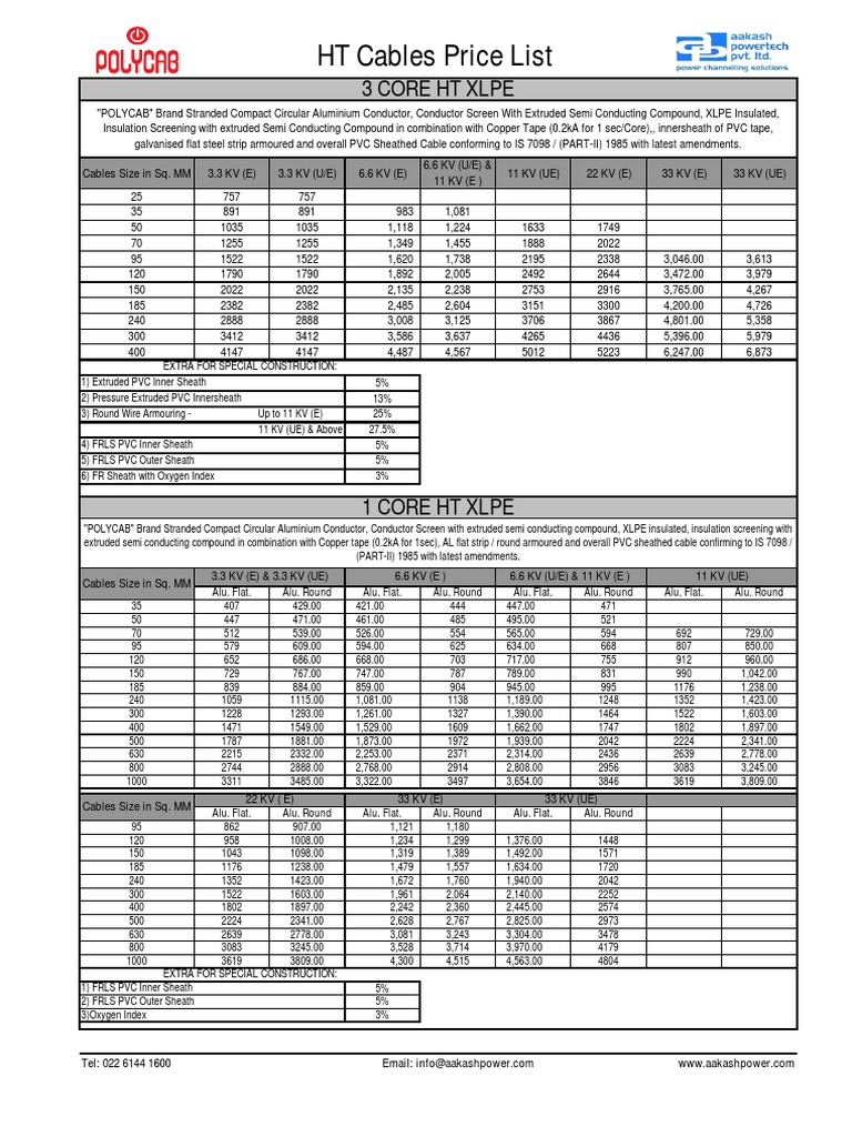 Polycab HT Cables 2017 Pricelist PDF | PDF | Electrical Conductor | Wire
