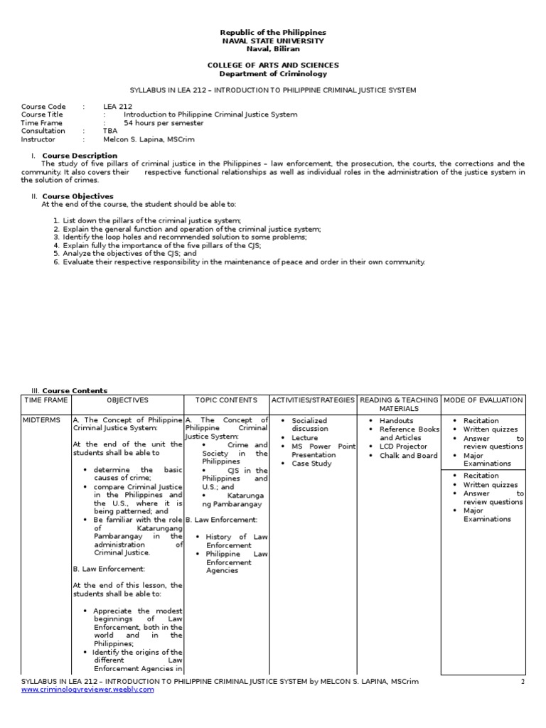 Course Syllabus in LEA 212 | PDF | Criminal Justice | Crime & Violence
