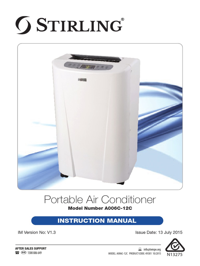 A006C12C STIRLING Portable Air Conditioner IMV1.3 PDF Air Conditioning Ac Power Plugs