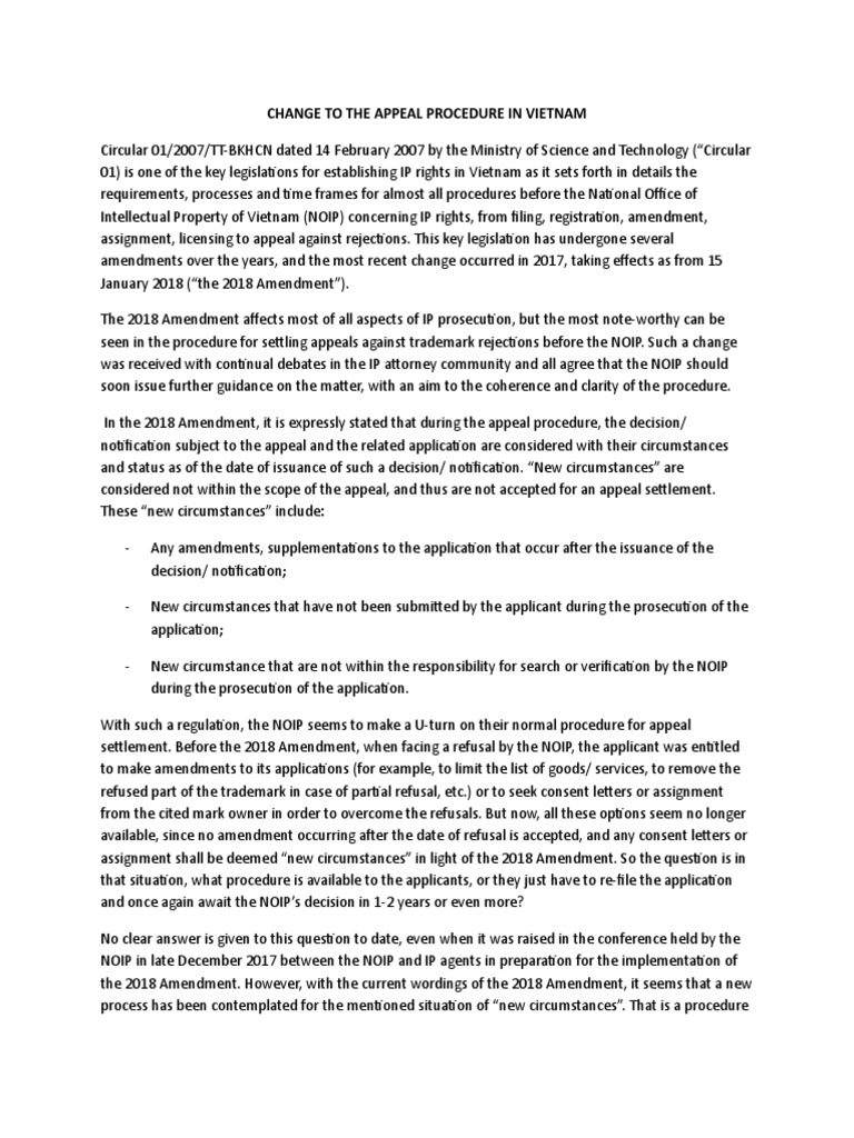 Change To The Appeal Procedure in Vietnam PDF Intellectual Property