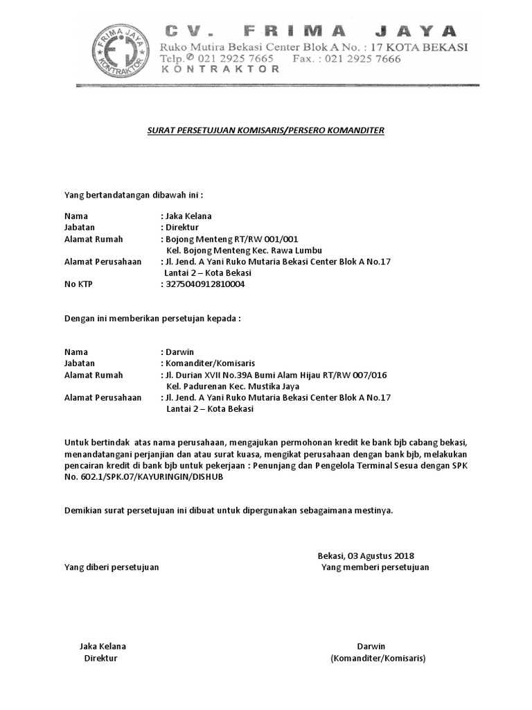 Surat Persetujuan Komisaris