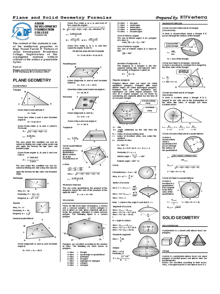 Plane and Solid Geometry Formulas | Triangle | Circle