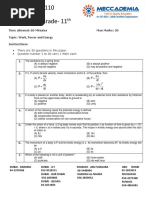 Test ID - 111110 Test No. 6 Grade-11: Work, Power and Energy